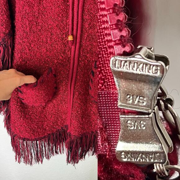 FM Red Knitted Poncho Size One Size Zip Front Hooded With Tassels, Boho, Gypsy - Picture 8 of 9